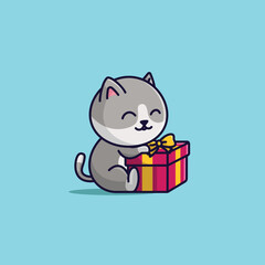 Vector cute cartoon cat with gift box  free simple illustration