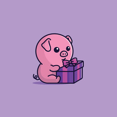 Vector cute cartoon pig with gift box free simple illustration