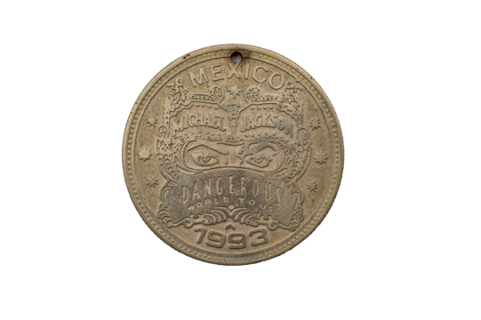 Moneda México 1993 Dangerous World Tour Michael Jackson, reverso moneda de 50 pesos 1982 Coyolxauhqui