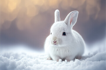 Cute white rabbit in the snow. Photorealistic illustration. AI Generated
