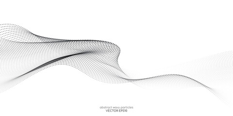 Flowing dots particles wave pattern halftone black gradient curve shape isolated on white background. Vector in concept of technology, science, music, modern.