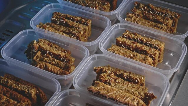 Slices Of Healthy Vegetarian Food Snacks Placed On Plastic Containers. Meal Prep. High Angle Shot.