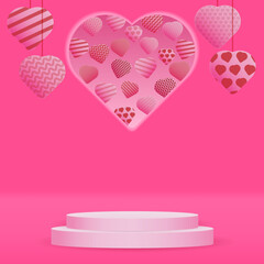 Valentine's Day poster or banner with heart balloons, big heart and podium product display on pink background. Design for promotion and shopping template. Background for Love Valentine's day concept.