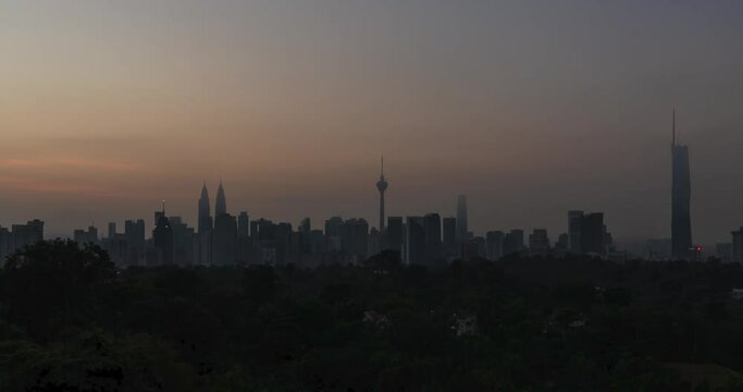 timelapse landscape view of kuala lumpur city center downtown district area with many skyscraper building highrise modern style towers with beautiful vanilla sundown sunrise twillight sky