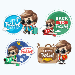 Set of Stickers Tourists Travel, back to travel concept, on vacation. Vector illustrator