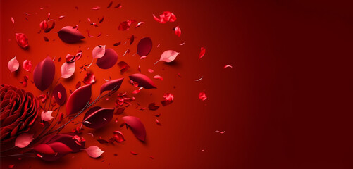 Happy valentine's day Flying petals and red roses on a red background with copy space banner, Generative AI	