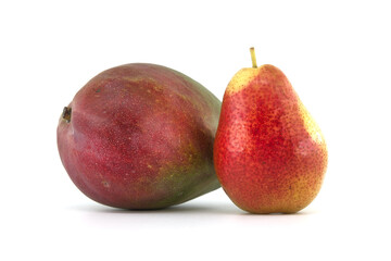 Whole ripe mango and pear isolated on white