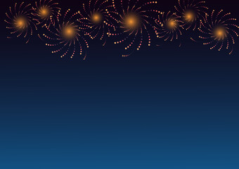 Orange fireworks with holiday celebration symbols on blue and black color background, empty space for display logo and content, creative design vector illustration.
