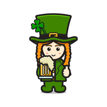 Cute leprechaun saint patrick day character holding beer cartoon vector icon illustration