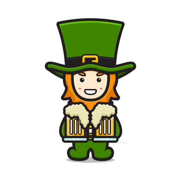 Cute leprechaun saint patrick day character holding beer cartoon vector icon illustration