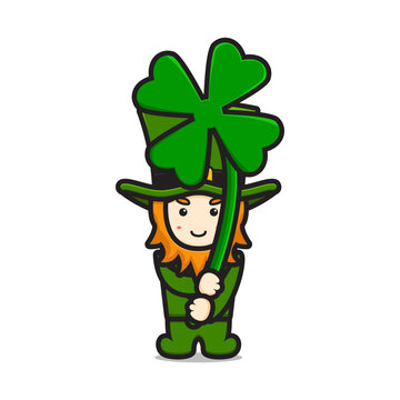 Cute leprechaun saint patrick day character holding clover cartoon vector icon illustration