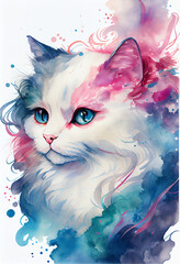 Watercolor drawing of cute cat for wallpaper background. AI Generative
