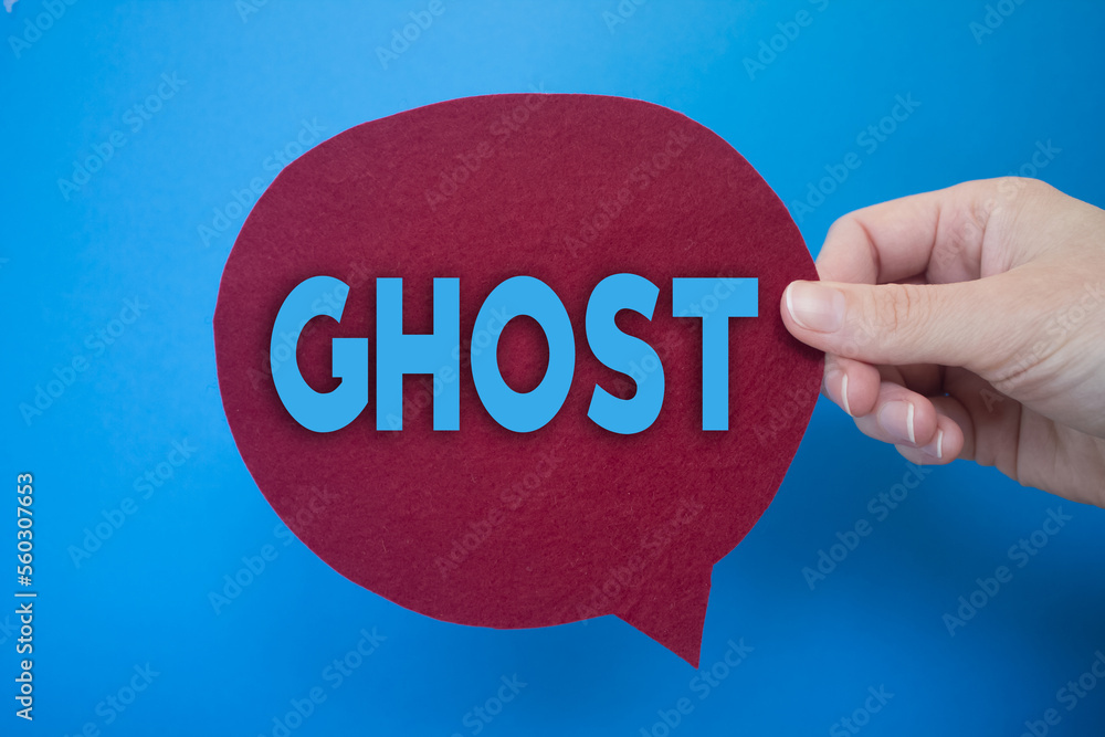 Poster speech bubble in front of colored background with ghost text.