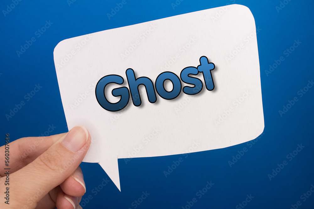 Poster speech bubble in front of colored background with ghost text.