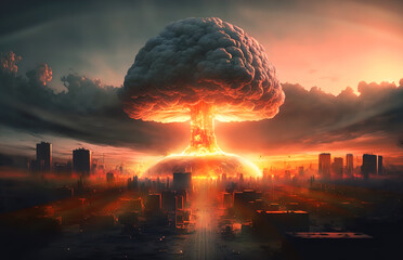 Nuclear bombing of a huge city. The beginning of the apocalypse. Realistic digital illustration. Fantastic Background. Concept Art. CG Artwork.