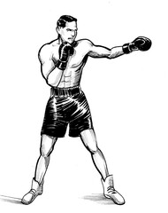 Fototapeta na wymiar Punching boxer. Ink black and white drawing