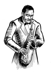 Jazz musician playing saxophone. Ink black and white drawing