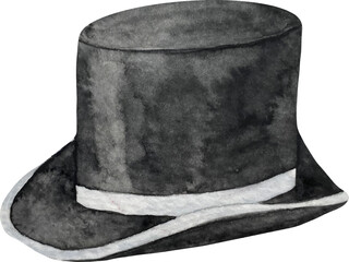 Watercolor wedding classic cylinder hat. Fashion headwear for gentlemen in vintage style black cylinder.