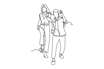 Single one line drawing Man and woman having fun walking together in the park. Hangouts With Friends concept. Continuous line draw design graphic vector illustration.