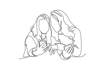 Single one line drawing Two young girls sitting and looking at their smartphone screen. Hangouts With Friends concept. Continuous line draw design graphic vector illustration.