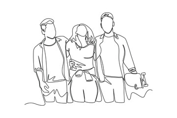 Single one line drawing Three friends laugh and embrace each other. Hangouts With Friends concept. Continuous line draw design graphic vector illustration.