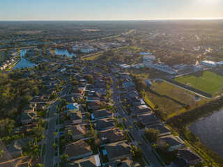 New Port Richey florida neighborhoods at dusk from aerial drone