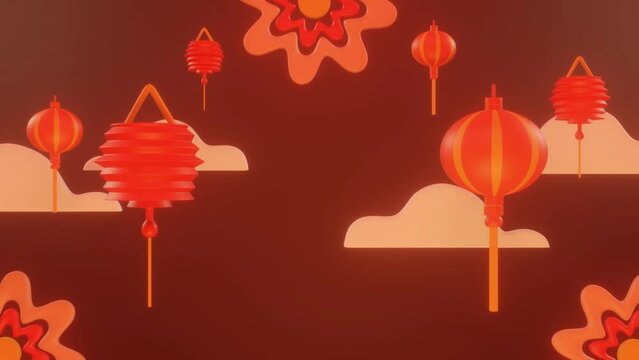 Lunar New Year 3d animation with bright red moving lanterns and flowers as decorations