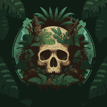 tropical skull head in green floral jungle vector illustration background