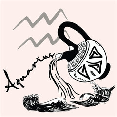 Sign of Aquarius, Zodiac sign the water bearer, January February sign . Design for postcard, wishes card, quotes card, birthday card etc