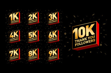 Thank you followers vector set 1k to 10k in golden look.