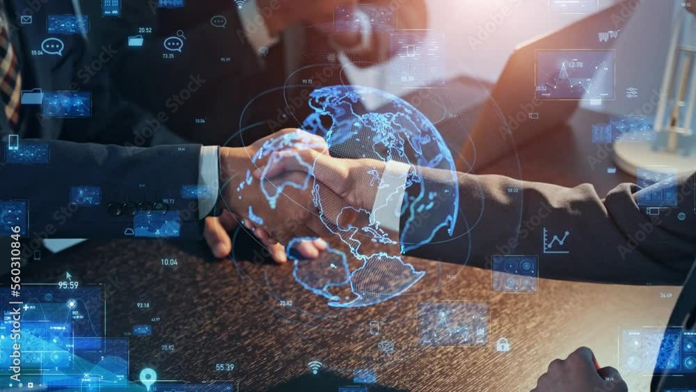 Aufkleber concept of global network with businessman shaking hands.