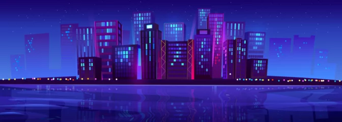Fototapeten Modern night city near river glowing with colorful neon lights under midnight sky with many stars. Cartoon vector illustration of urban landscape with skyscraper silhouettes reflecting in water © klyaksun