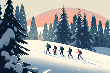 Group of people enjoying snowshoeing on the mountains, AI Generate