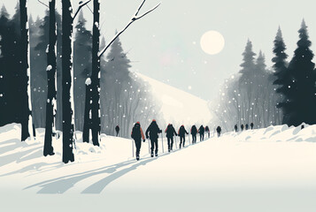 Group of people enjoying snowshoeing in winter forest, AI Generate
