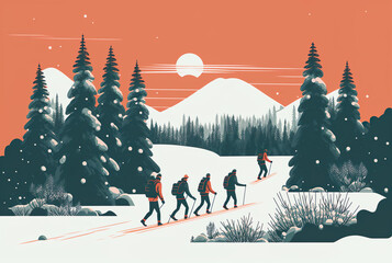 People enjoying snowshoeing on the mountains, AI Generate