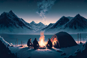 Camping in the snowy winter forest with campfire, AI Generate