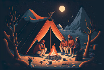 Camping in the Snowy winter forest with campfire and tent, AI Generate