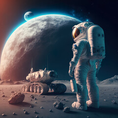Astronauts near their lunar rover admire the lunar base of their lunar colony, AI Generate
