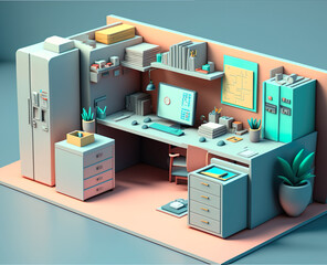 Isometric interior office workplace​, AI Generate