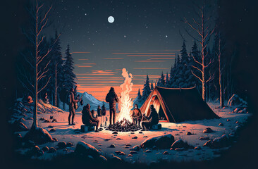 People camping in the snowy winter forest with campfire, AI Generate