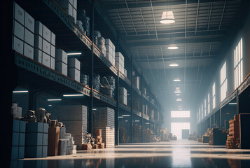 Large industrial warehouse with high racks, AI Generate