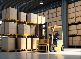 Forklift in the large modern warehouse, AI Generate