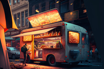 Commercial truck selling street food, AI Generate