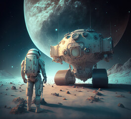 Astronaut standing on surface of the moon looking up to the earth, AI Generate
