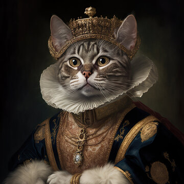Portrait of cute cat wearing king costume and crown, AI Generate