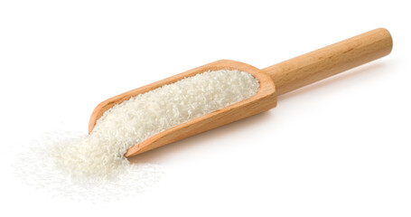 Shredded coconut in the wooden scoop isolated on the white background.