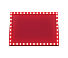 3d retro red signboard with glowing yellow light bulb . Concept of billboard design for cinema, casino, marquee or nightclub . 3d high quality render