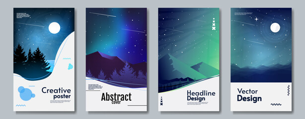 Set of abstract vector illustrations. Night landscape with light. Sky with moon and stars. Design for brochures, posters, greeting card, touristic card.