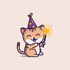Cute cartoon cat with fireworks in new year free simple illustration