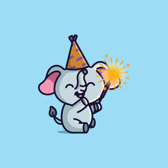 Cute cartoon elephant with fireworks in new year free simple illustration